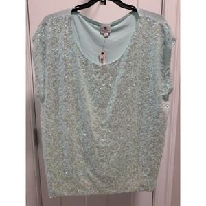 Worthington Mint Sequin Accent Blouse 1X Plus Size Pullover Solid